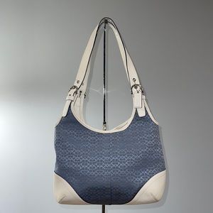 COACH Off White/Blue Signature Fabric Print  Leather Trim Shoulder Bag K3K-6800